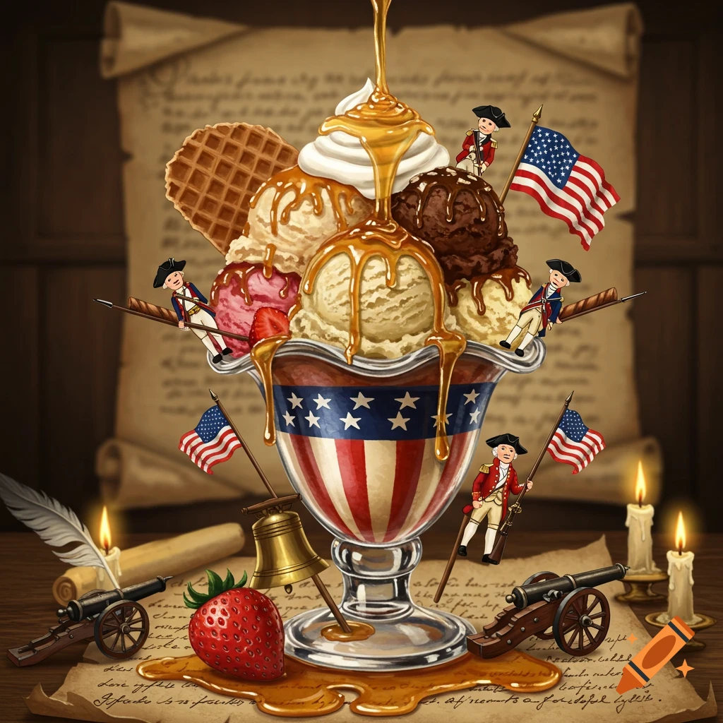 A vibrant ice cream sundae with honey, topped with miniature American Revolution soldiers, flags, cannons, and a scroll background.