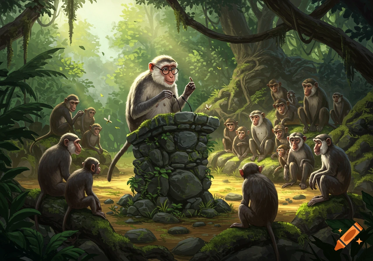 A wise monkey in spectacles lectures a crowd of other monkeys from a stone podium in a lush, sunlit jungle. Illustration style.