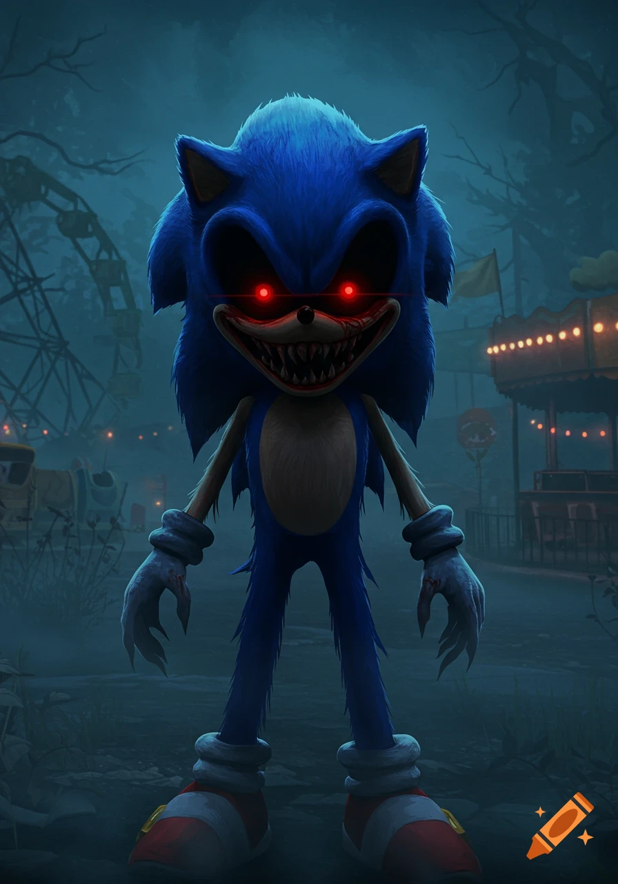 A terrifying, monstrous blue hedgehog with glowing red eyes and sharp teeth stands in a spooky, abandoned carnival at night, blood on its hands.