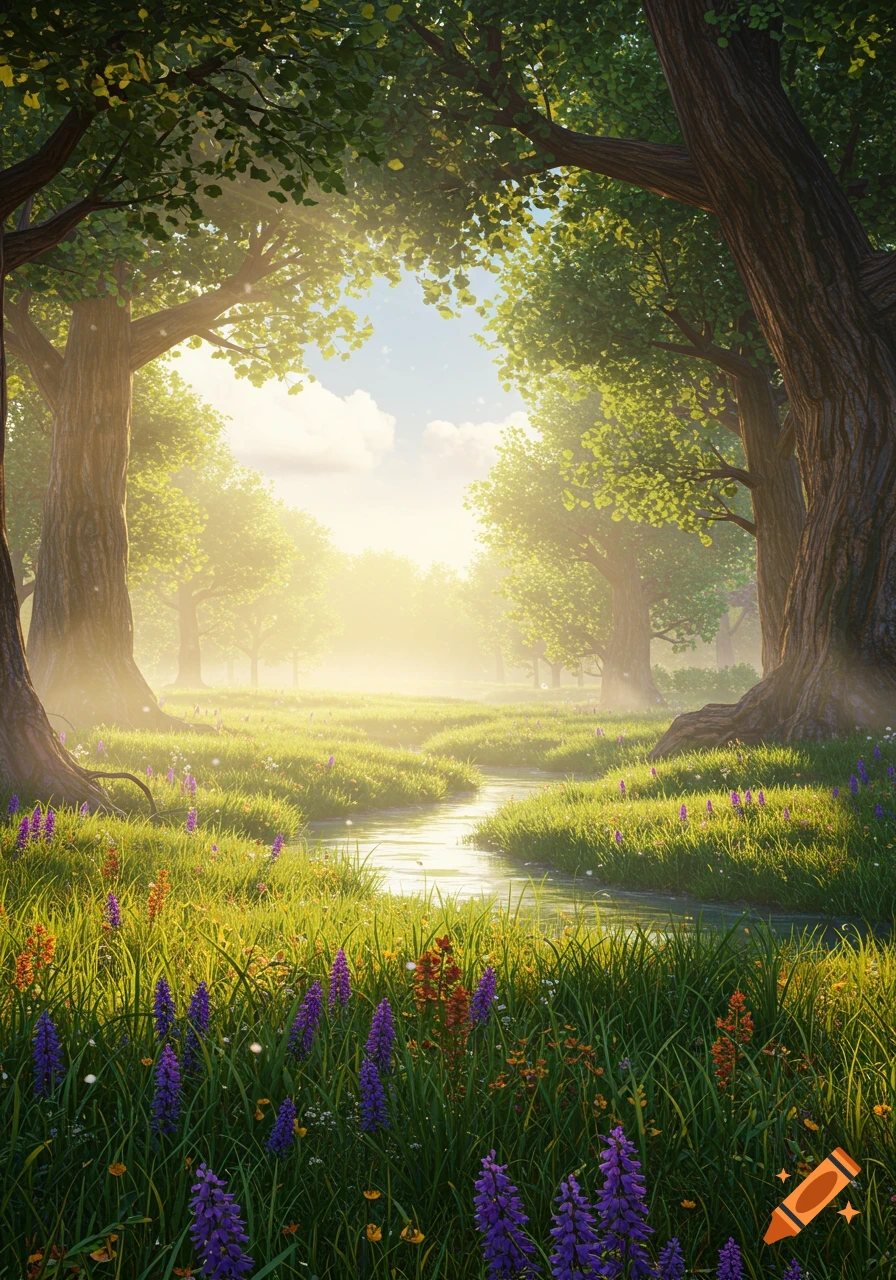 A vibrant, sunlit forest scene with a winding stream, tall trees, lush green grass, and colorful wildflowers in the foreground.