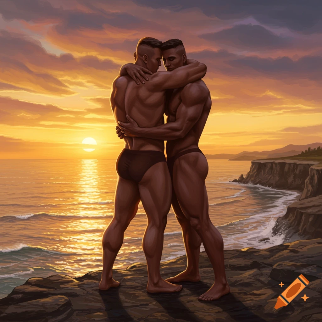 Illustration of two muscular men embracing on a cliff by the ocean at sunset.