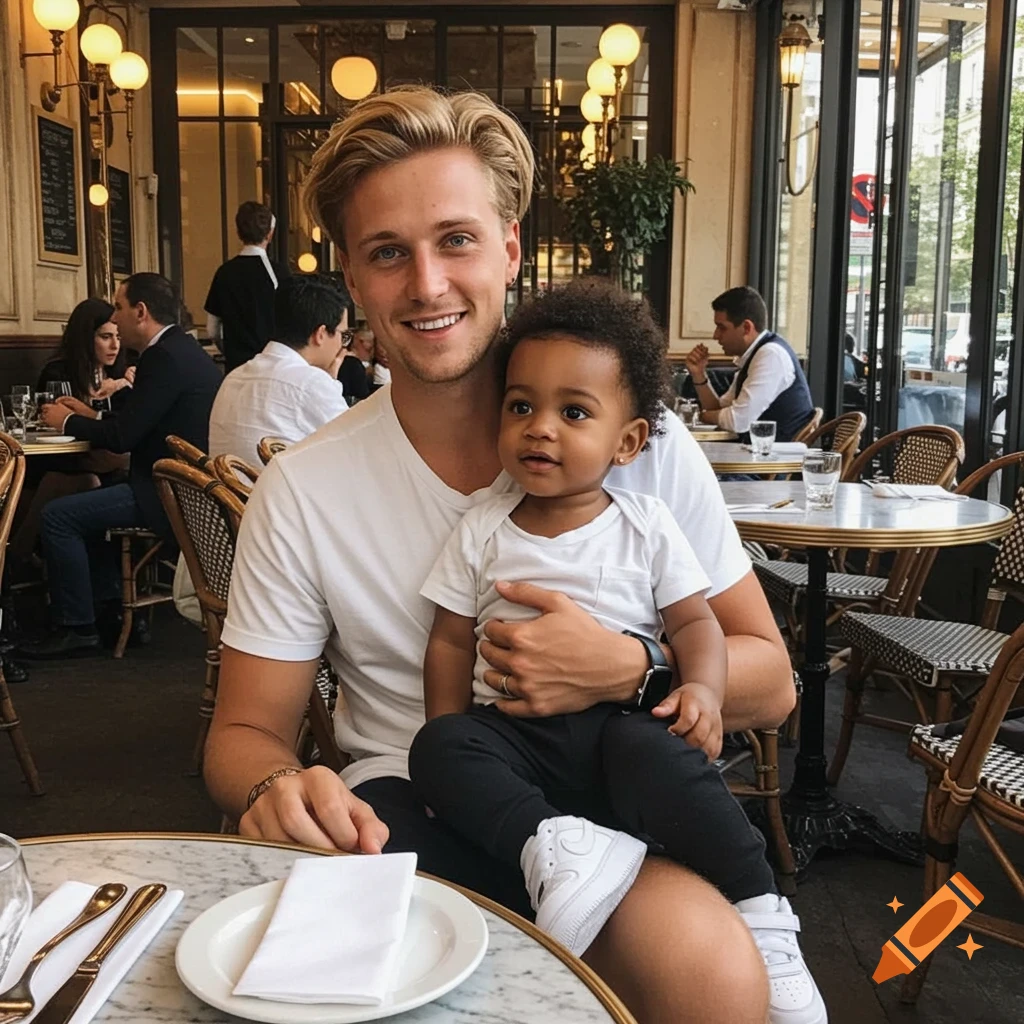 A smiling blonde man holds a baby with dark curly hair on his lap at a restaurant table with other patrons in the background.