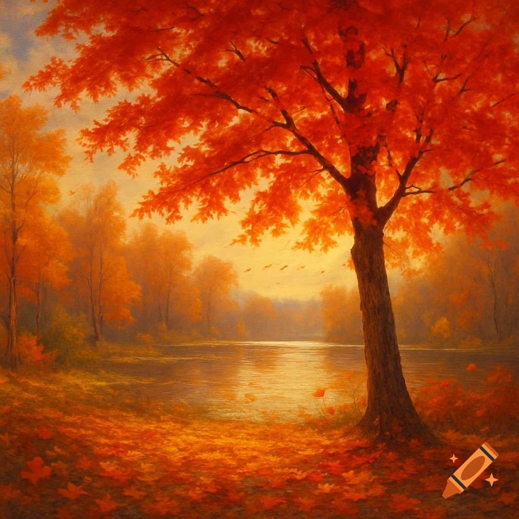Vibrant autumn landscape painting with a large tree in red foliage beside a calm lake, fallen leaves covering the ground.