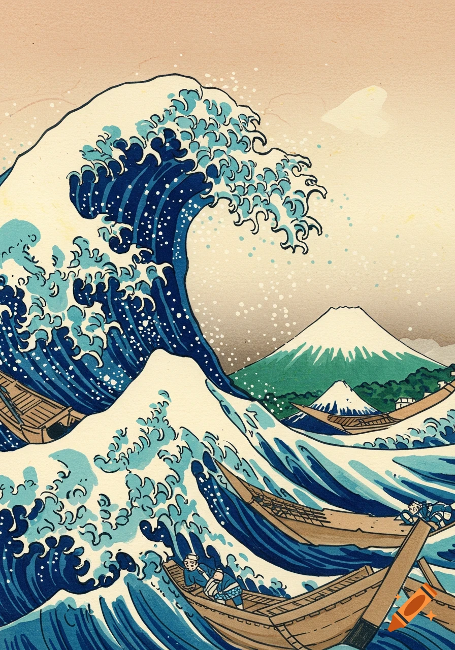 Ukiyo-e style woodblock print of a massive ocean wave cresting over three fishing boats, with Mount Fuji in the background under a pale sky.