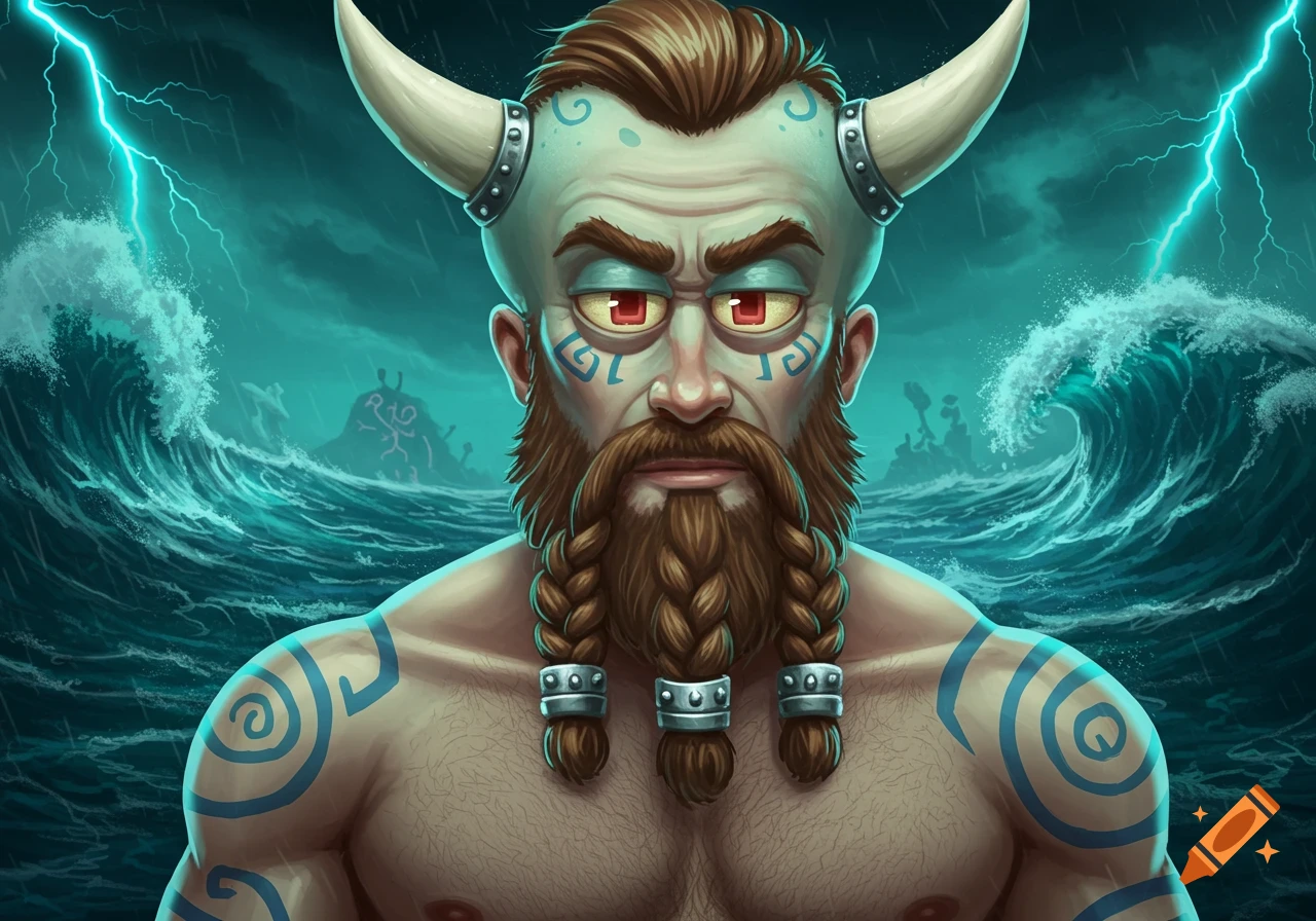 Stylized illustration of a muscular viking man with horns, a braided beard, and blue tattoos, in a stormy sea with lightning.