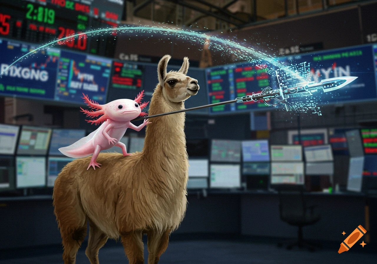 A llama carrying a pink axolotl that launches a glowing digital spear in a high-tech stock market trading room.