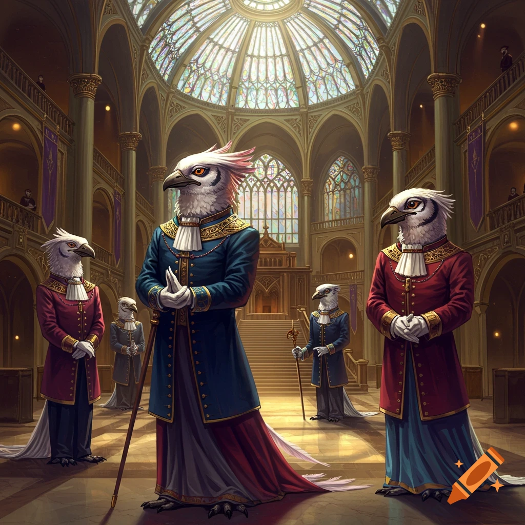 Anthropomorphic bird people in ornate, regal attire standing in a grand, richly decorated hall with stained-glass windows and a domed ceiling.