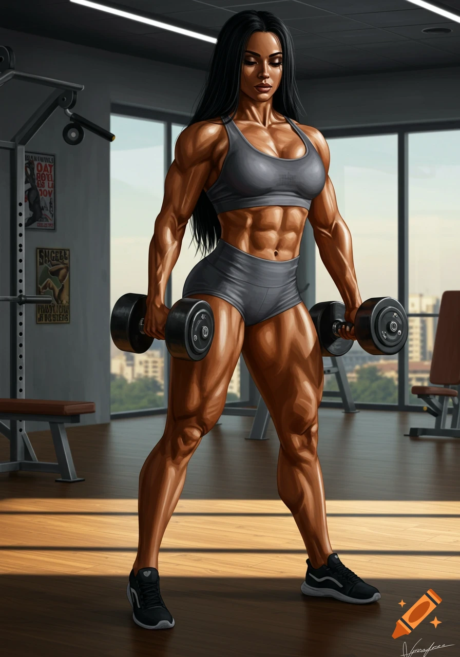 Muscular woman with long black hair holding dumbbells in a gym, rendered in a digital art style.