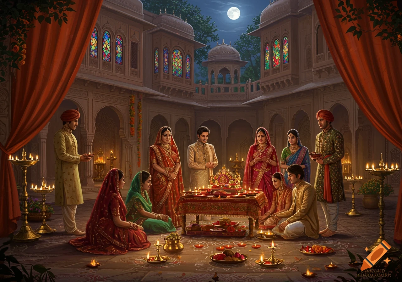 A group of people in traditional Indian attire celebrating a festival with lit lamps in a palace courtyard at night.
