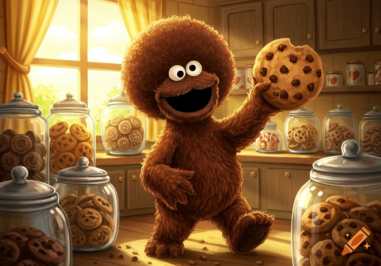 A happy brown, furry monster with an afro holds a bitten chocolate chip cookie in a sunny kitchen filled with jars of cookies.