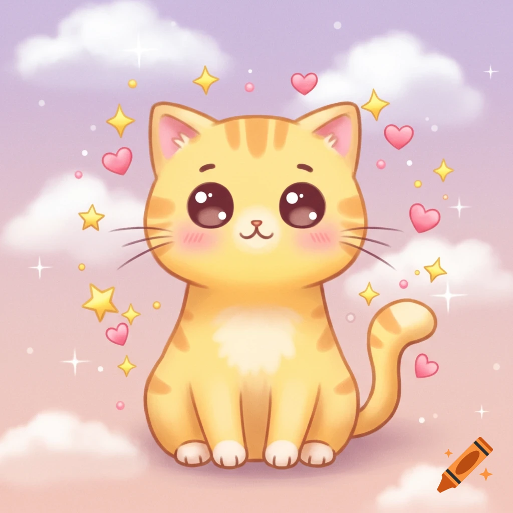 A cute, cartoon orange tabby cat with large eyes, sitting amidst pink hearts and yellow stars against a pastel sky.