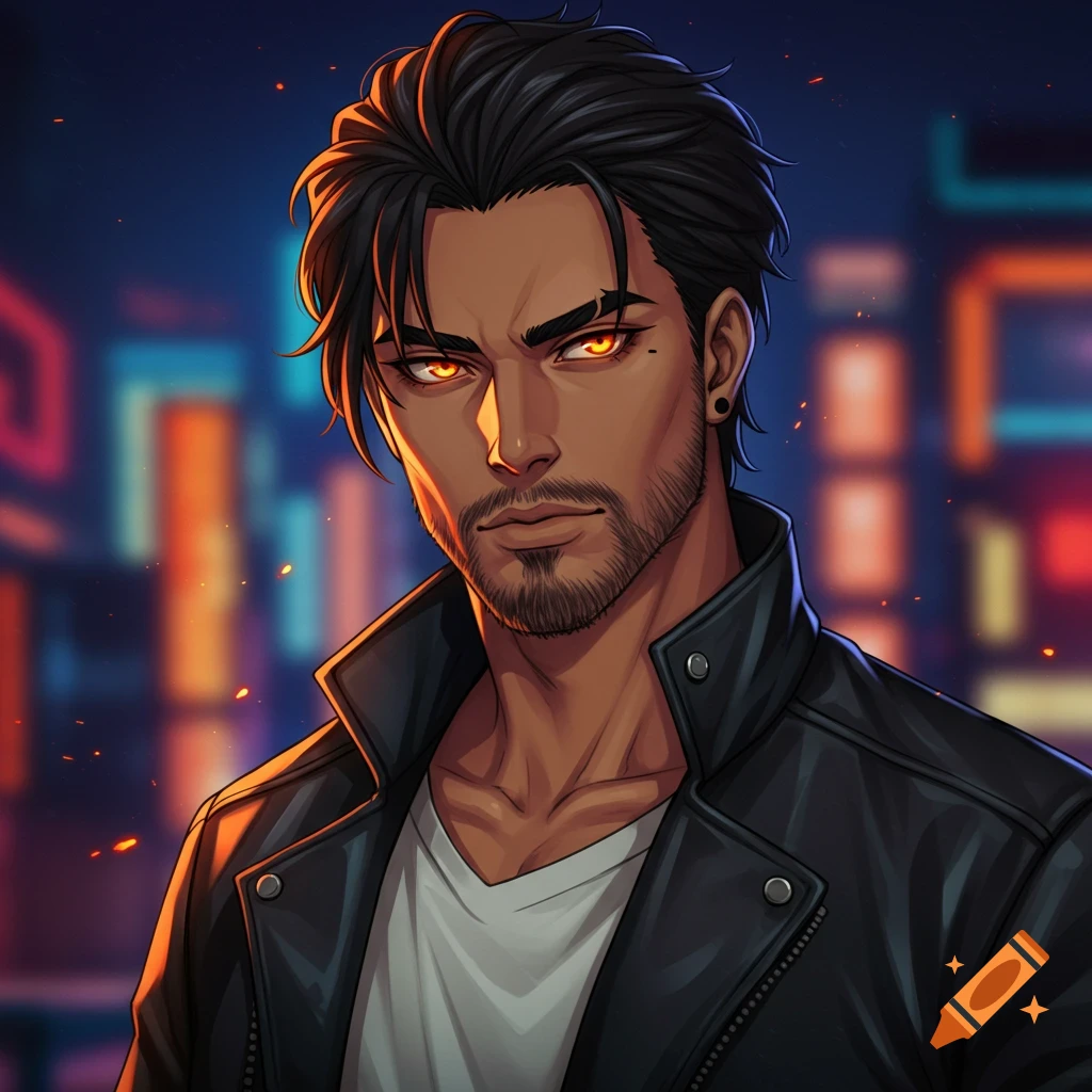 Anime portrait of a man with black hair, glowing orange eyes, and a beard, wearing a black leather jacket, against a blurry neon city background.