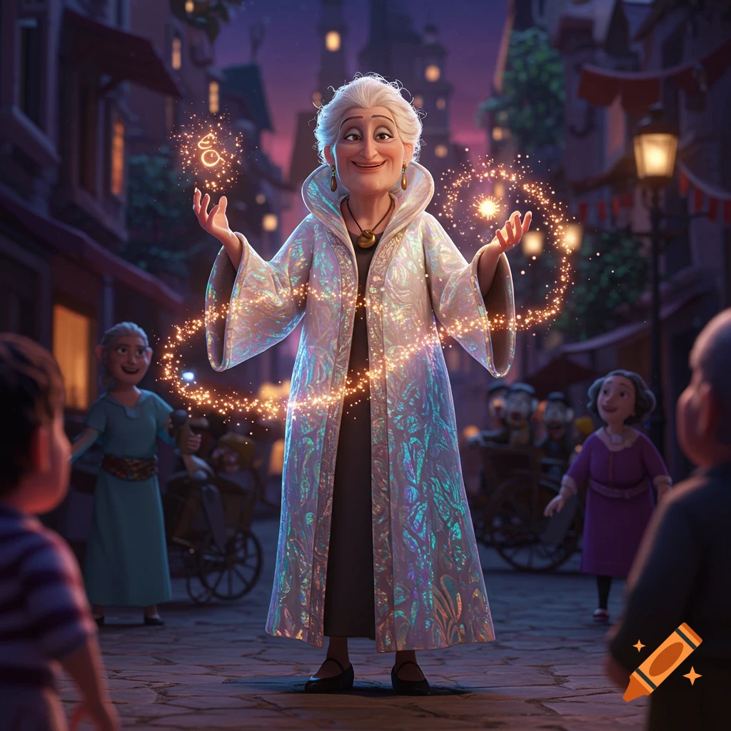 An animated elderly woman with white hair and a shimmering iridescent coat stands in a city street, performing magic with glowing golden particles swirling around her hands. Other cartoonish figures watch in the background.