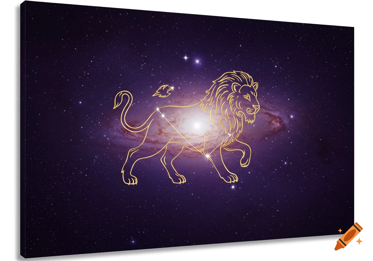 Golden outline of the Leo zodiac constellation against a deep purple galaxy background, digital art.