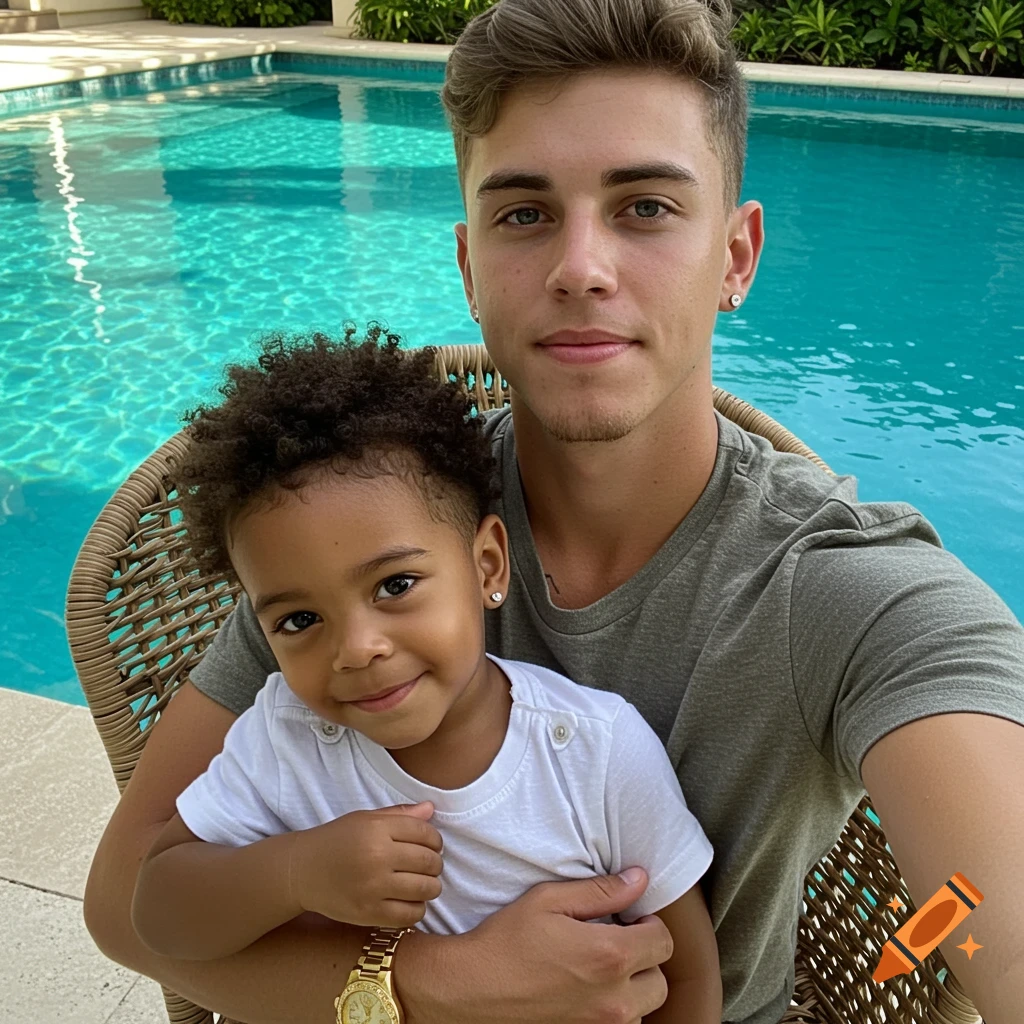 A man holds a smiling child on his lap while sitting in a wicker chair next to a bright blue swimming pool.