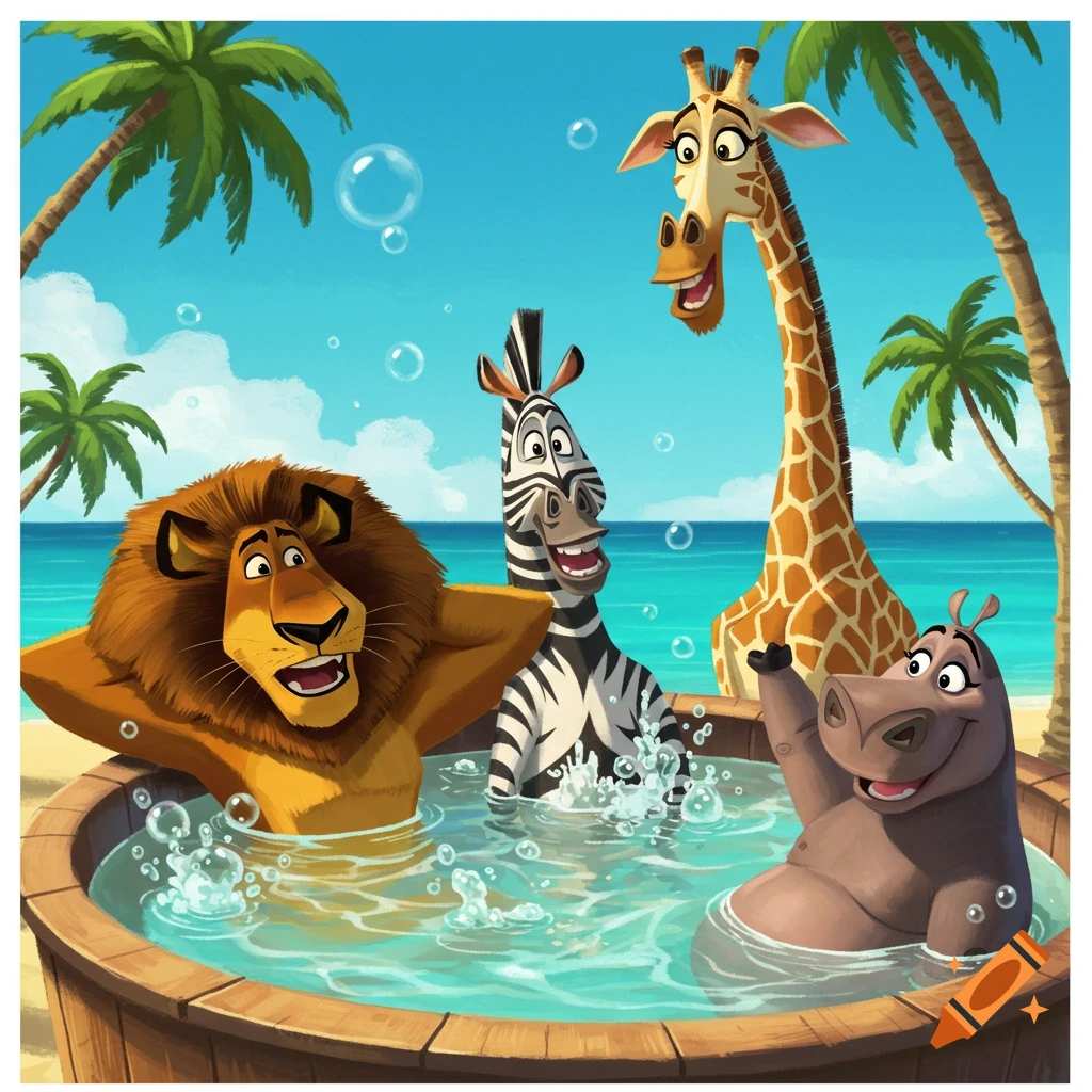 Alex the lion, Marty the zebra, Melman the giraffe, and Gloria the hippo soak in a hot tub on a tropical beach with palm trees.