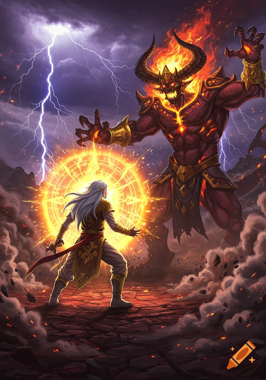 A white-haired warrior casts a glowing energy spell at a fiery demon lord on a stormy, rocky battlefield, fantasy illustration.
