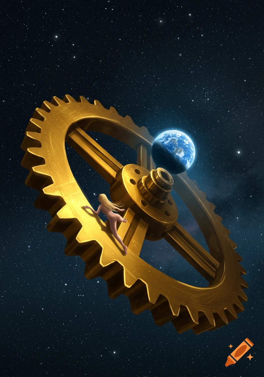 Naked woman clinging to a giant golden gear in space with Earth visible in the background.