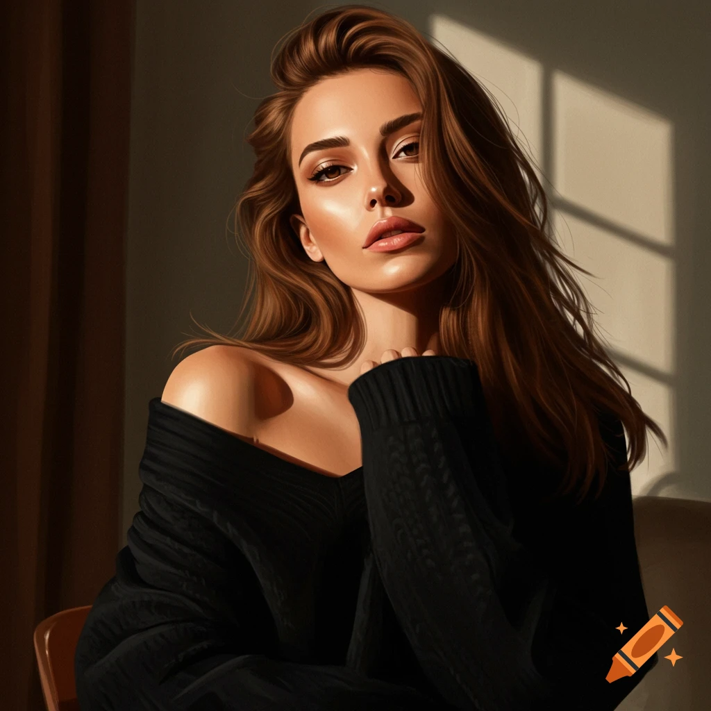 Photorealistic portrait of a woman with long brown hair, dark eyes, wearing an off-shoulder black sweater, bathed in warm sunlight.