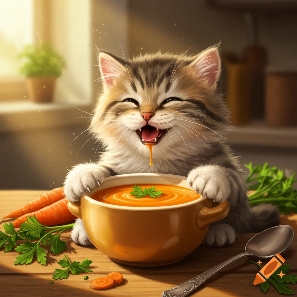 A happy, fluffy kitten with a big smile and soup dripping from its mouth, standing over a bowl of orange soup on a wooden table with carrots and parsley.