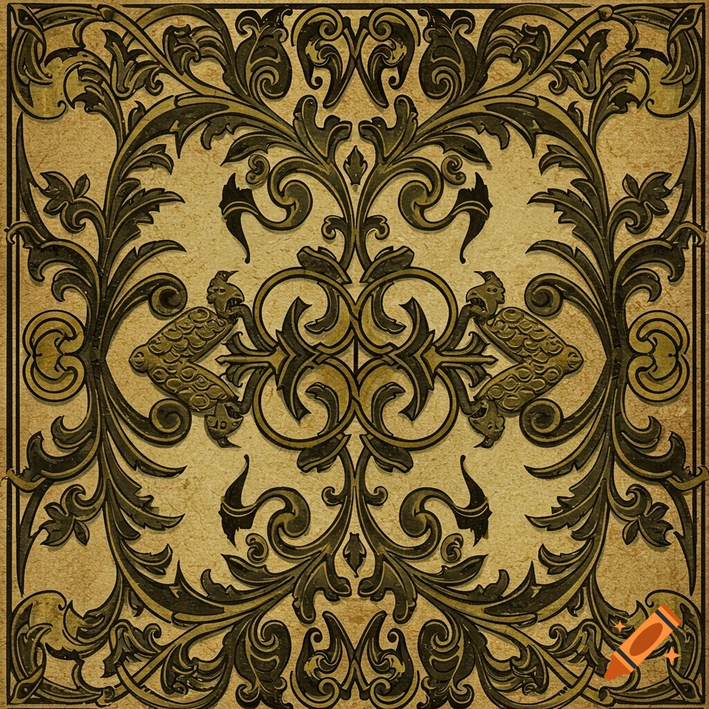 A medieval-style stencil pattern featuring elaborate black and gold scrollwork, foliage, and mythical bird-like creatures on a textured beige background.