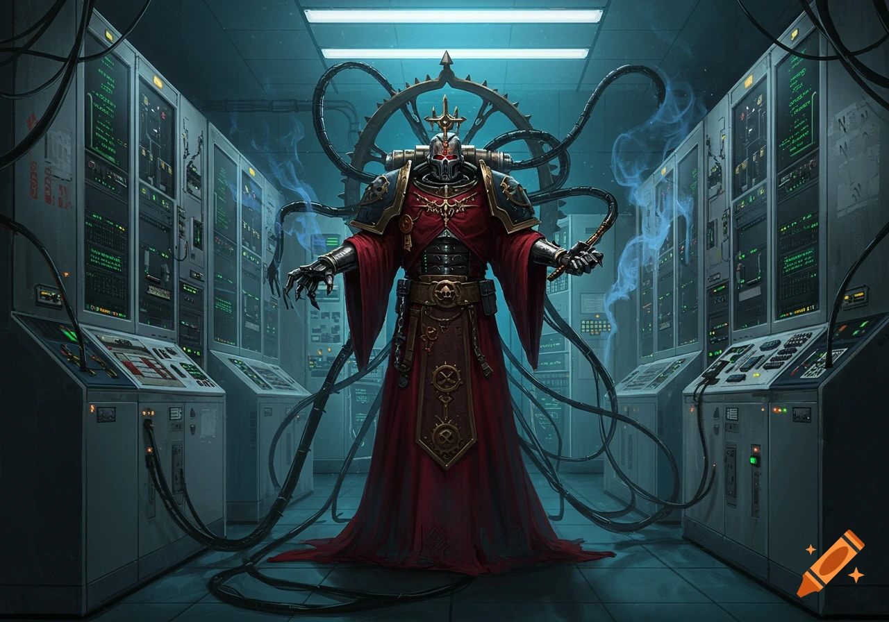 A menacing figure in red robes and armored power armor, resembling an Adeptus Mechanicus priest, stands in a server room with glowing screens and numerous cables.