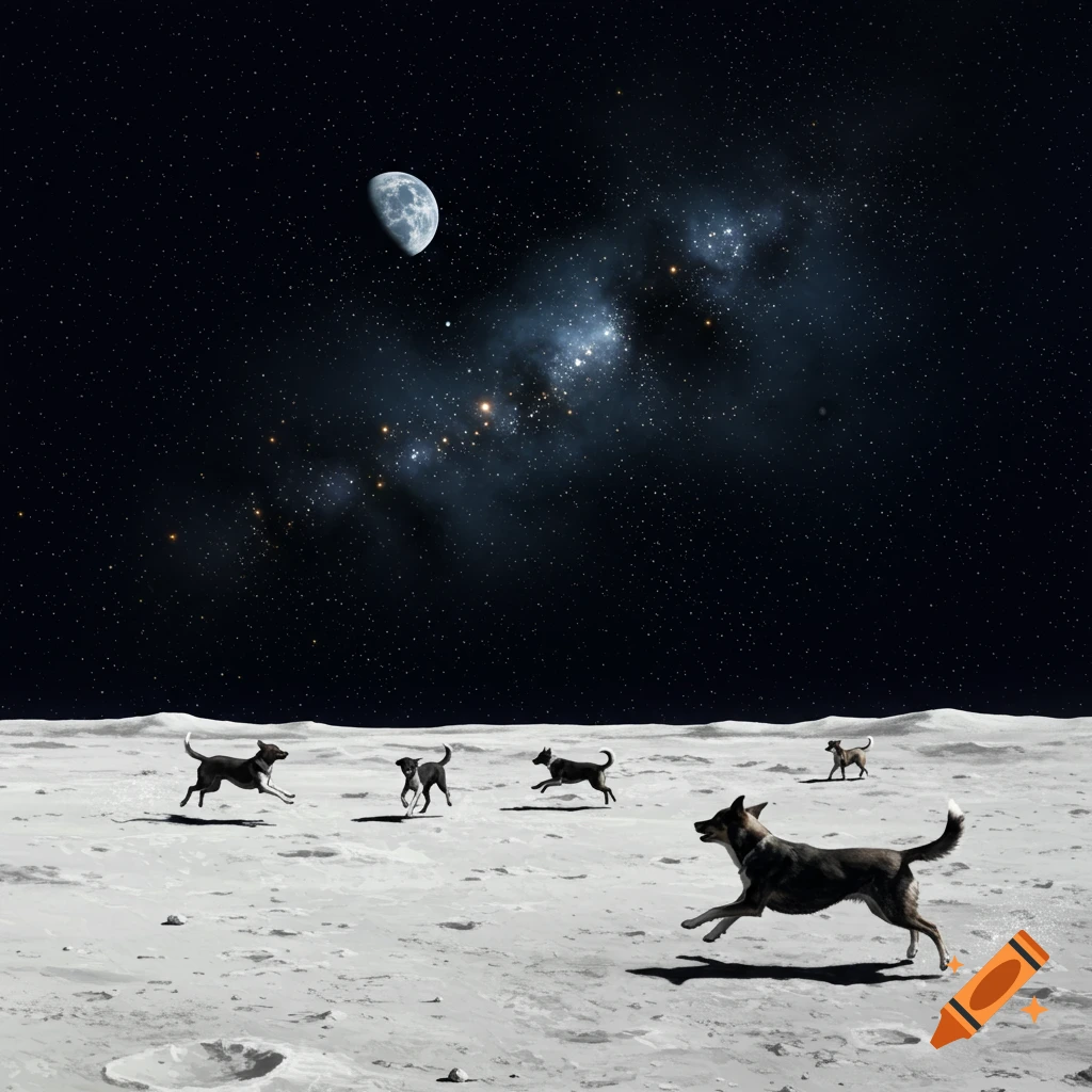 Five dogs run on the moon's cratered surface under a star-filled night sky with a crescent moon.