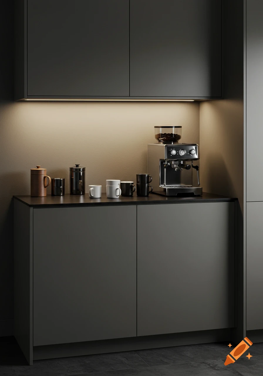 A modern coffee bar in a minimalist kitchen featuring an espresso machine, various mugs, and containers on a dark gray counter.
