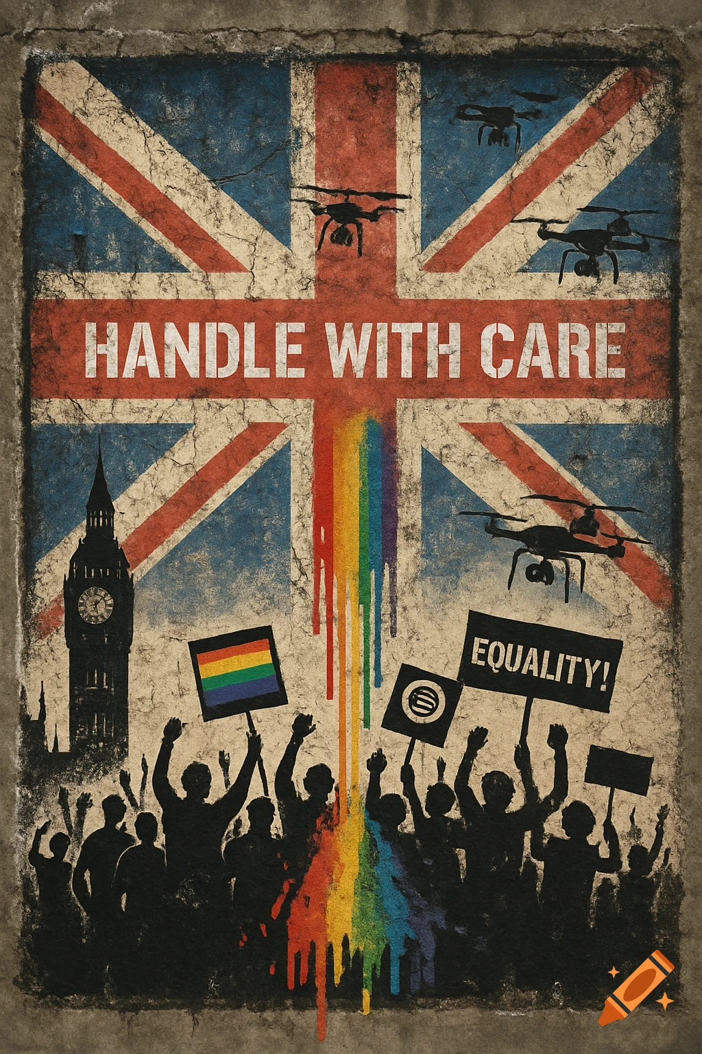 A worn Union Jack flag mural with "HANDLE WITH CARE" text, dripping rainbow colors over a protesting crowd with signs and Big Ben, surveilled by drones.