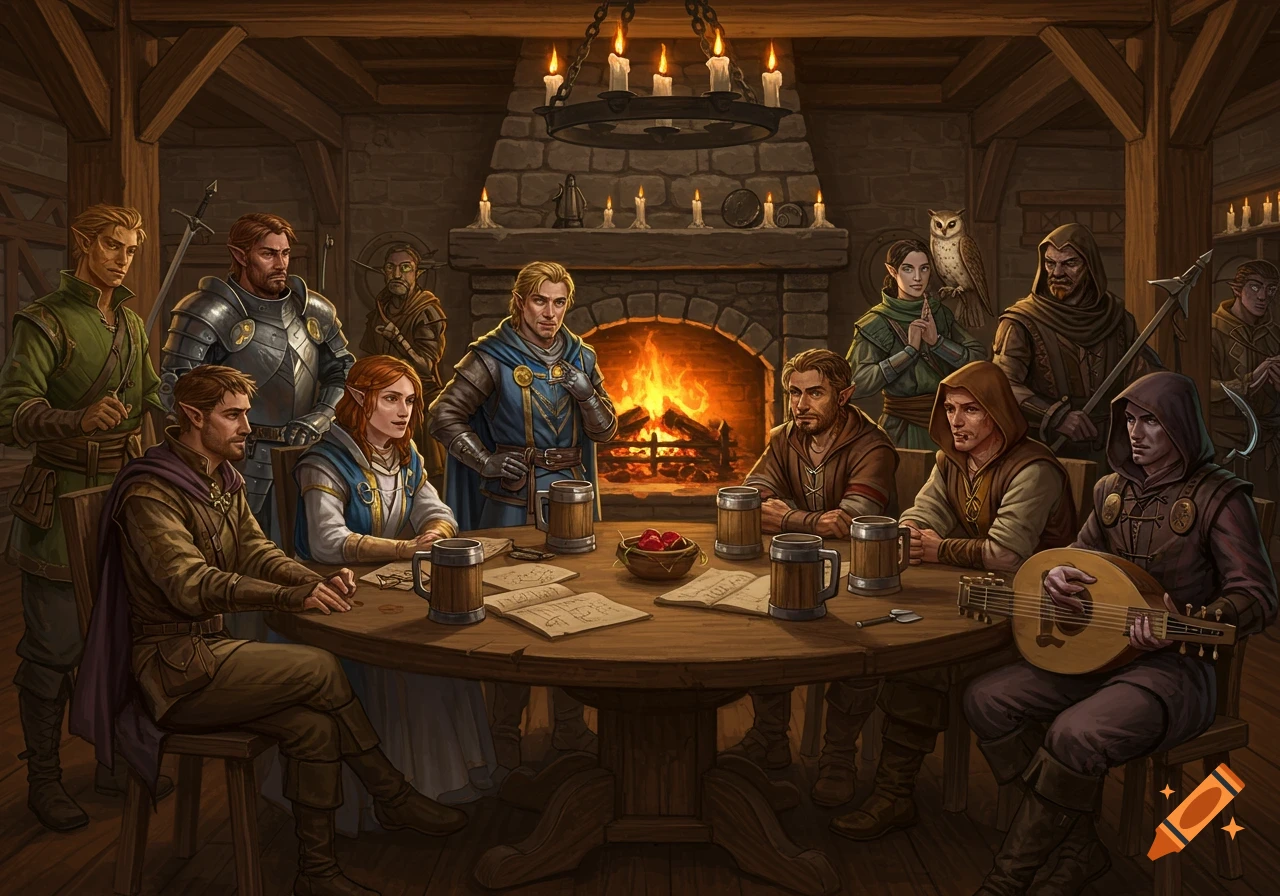 A diverse group of fantasy adventurers, including elves and humans, gathered around a wooden table in a medieval tavern with a lit fireplace.
