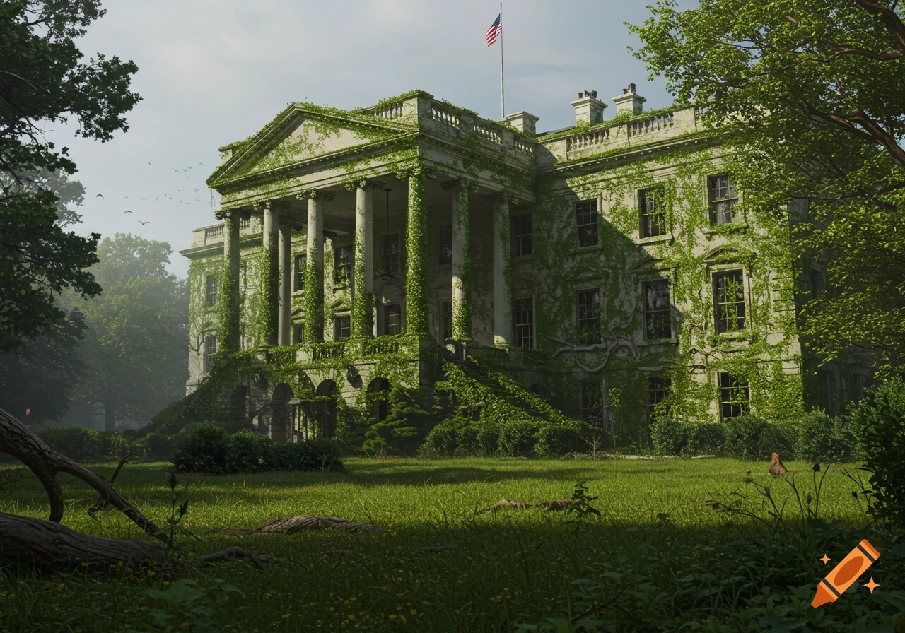 A photorealistic image of the White House heavily overgrown with green vines and moss, standing on a grassy lawn under a hazy sky.