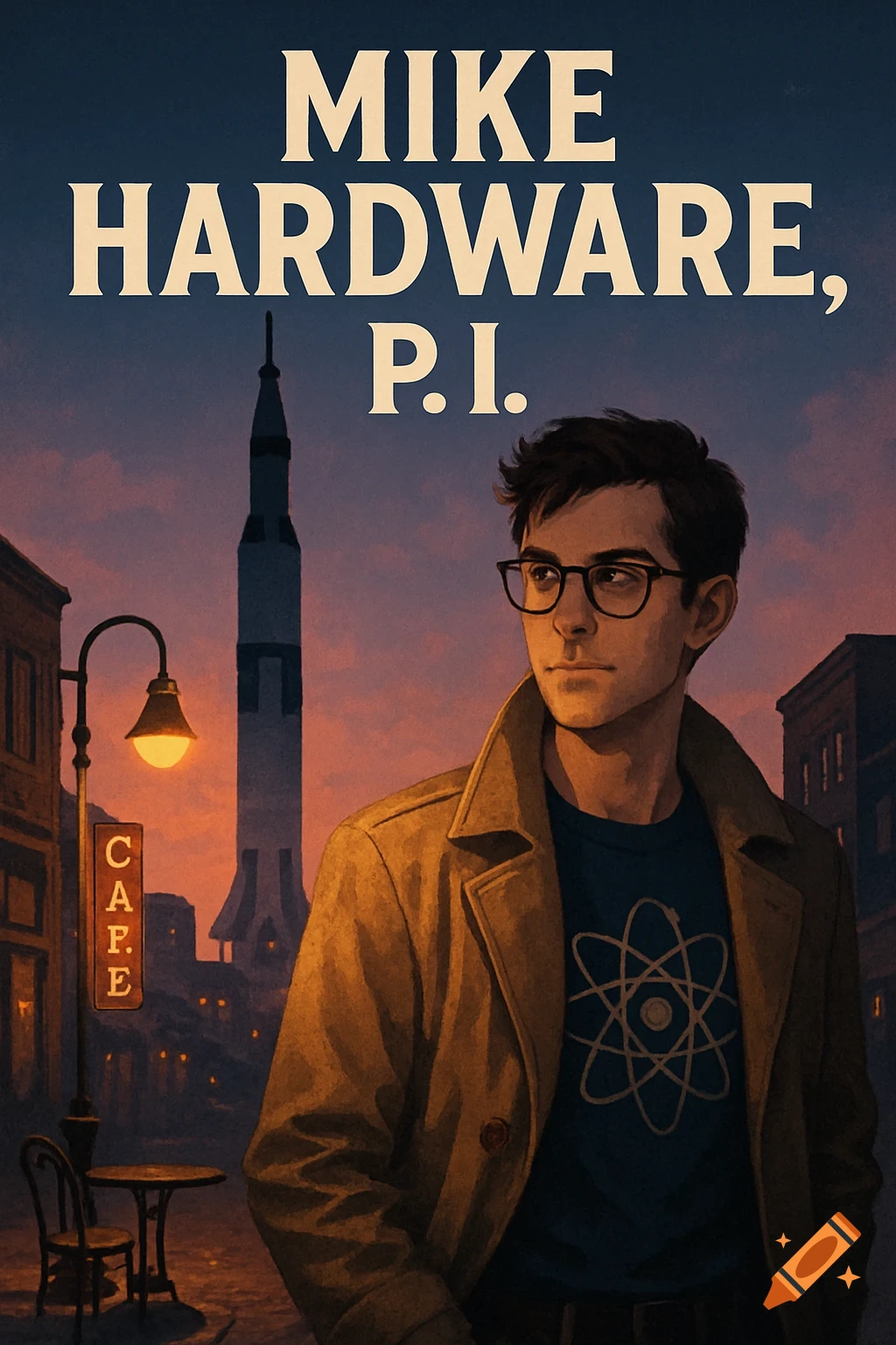 Book cover for 'Mike Hardware, P.I.' shows a man in glasses and a coat, with a Saturn V rocket and city street at sunset.