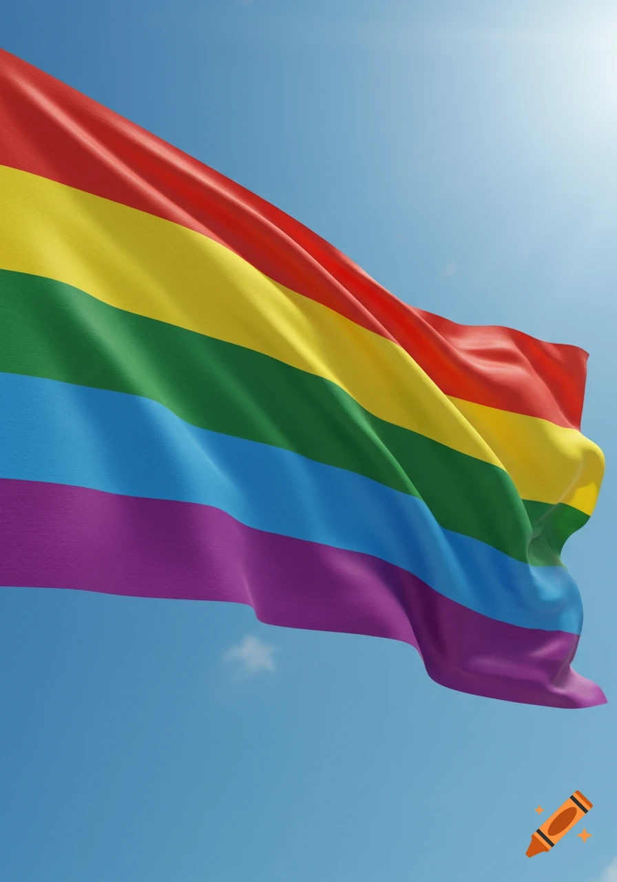 A vibrant rainbow pride flag waves against a bright blue sky with subtle clouds and sunlight.