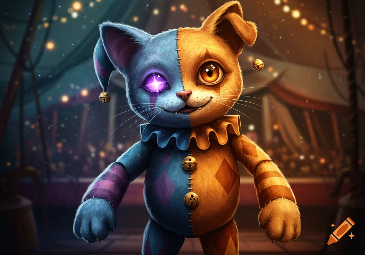 A surreal cat-dog hybrid creature, half blue and half orange, with mismatched glowing eyes and a mischievous grin in a circus tent.
