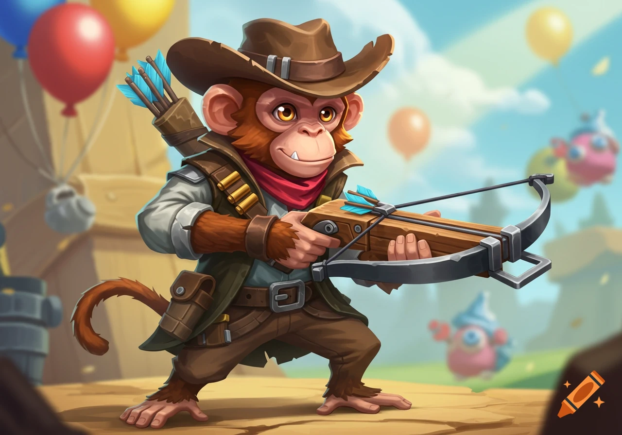 A cartoon monkey dressed as a bounty hunter in a cowboy hat and outfit, holding a crossbow and quiver of arrows, with balloons in the background.