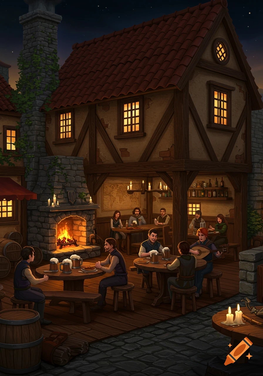 Cozy illustration of a medieval-style tavern at night, with patrons enjoying drinks and conversation by a warm fireplace.