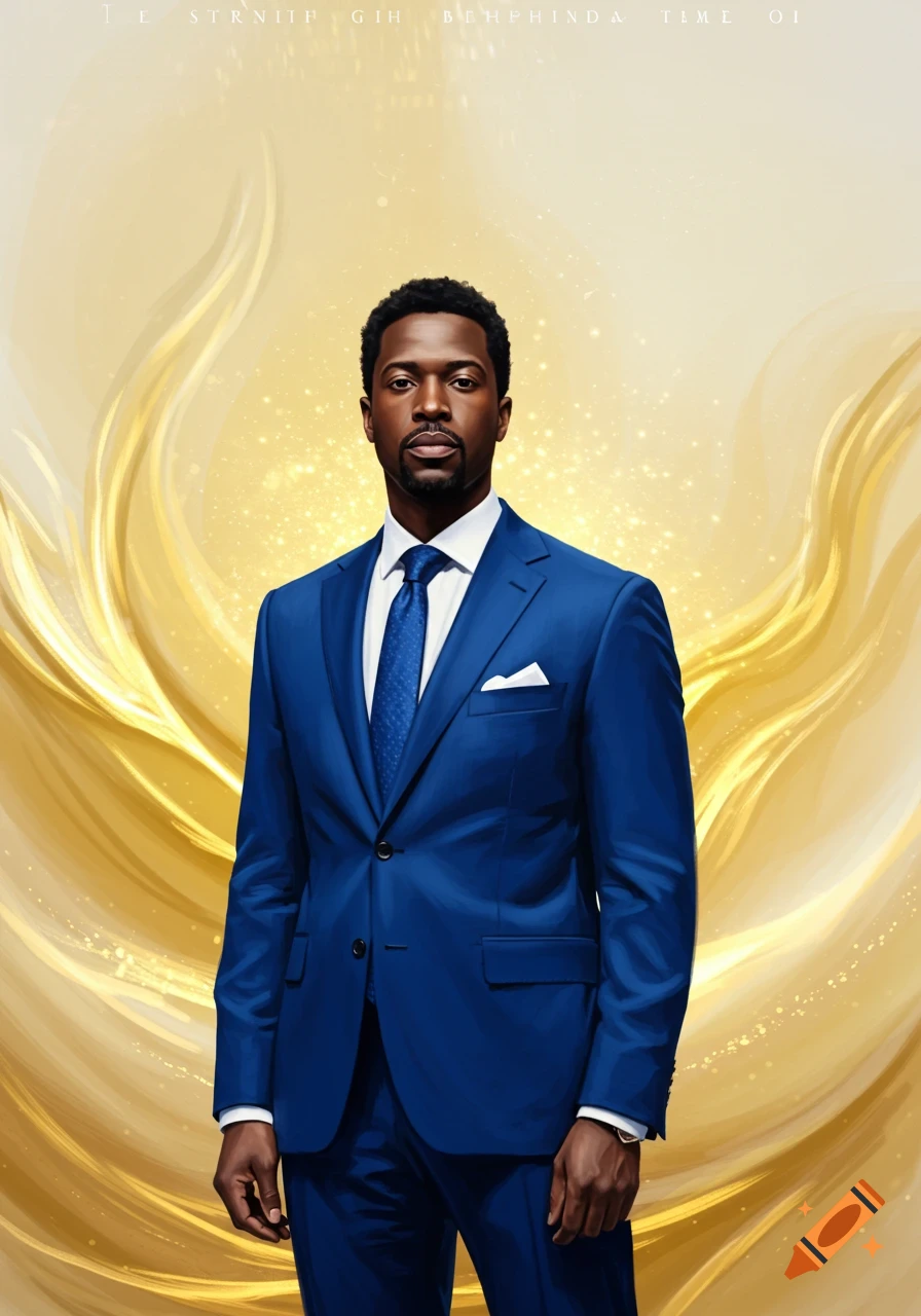 An African American man in a royal blue suit stands confidently against a golden, abstract background with sparkling details.
