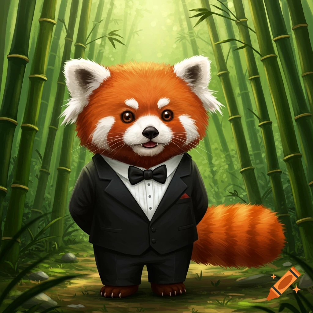 A cute red panda wearing a black tuxedo and bow tie stands in a bright green bamboo forest, cartoon illustration.