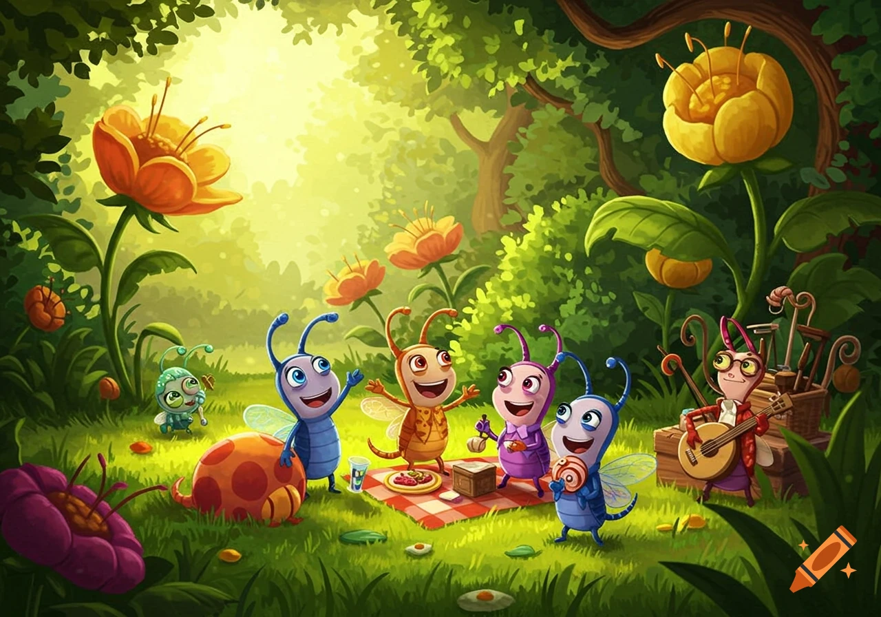 Vibrant cartoon illustration of cute insect characters having a picnic in a sunny, lush forest with large colorful flowers. One plays a guitar.
