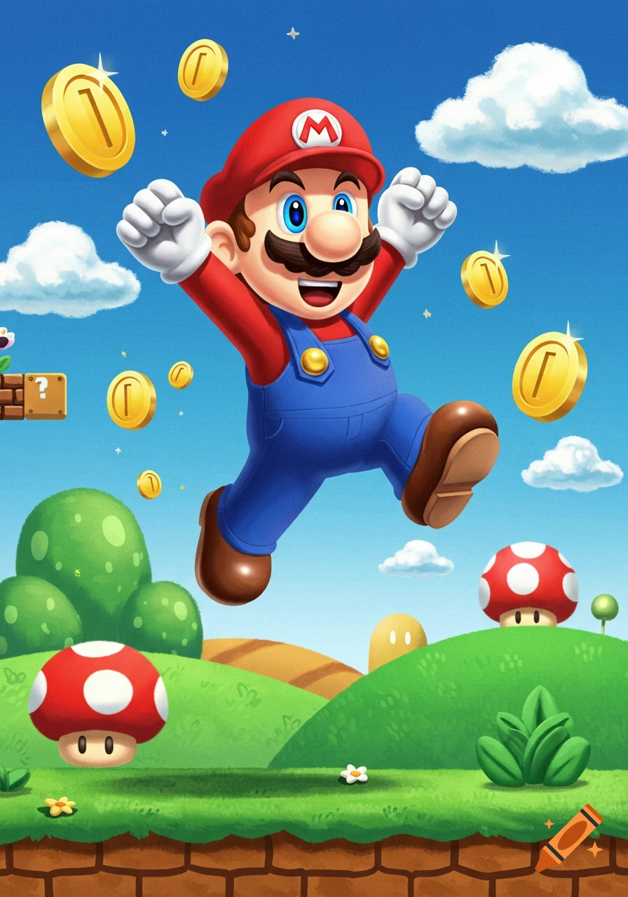 Super Mario jumps ecstatically in a vibrant cartoon landscape with coins, green hills, clouds, and power-up mushrooms.