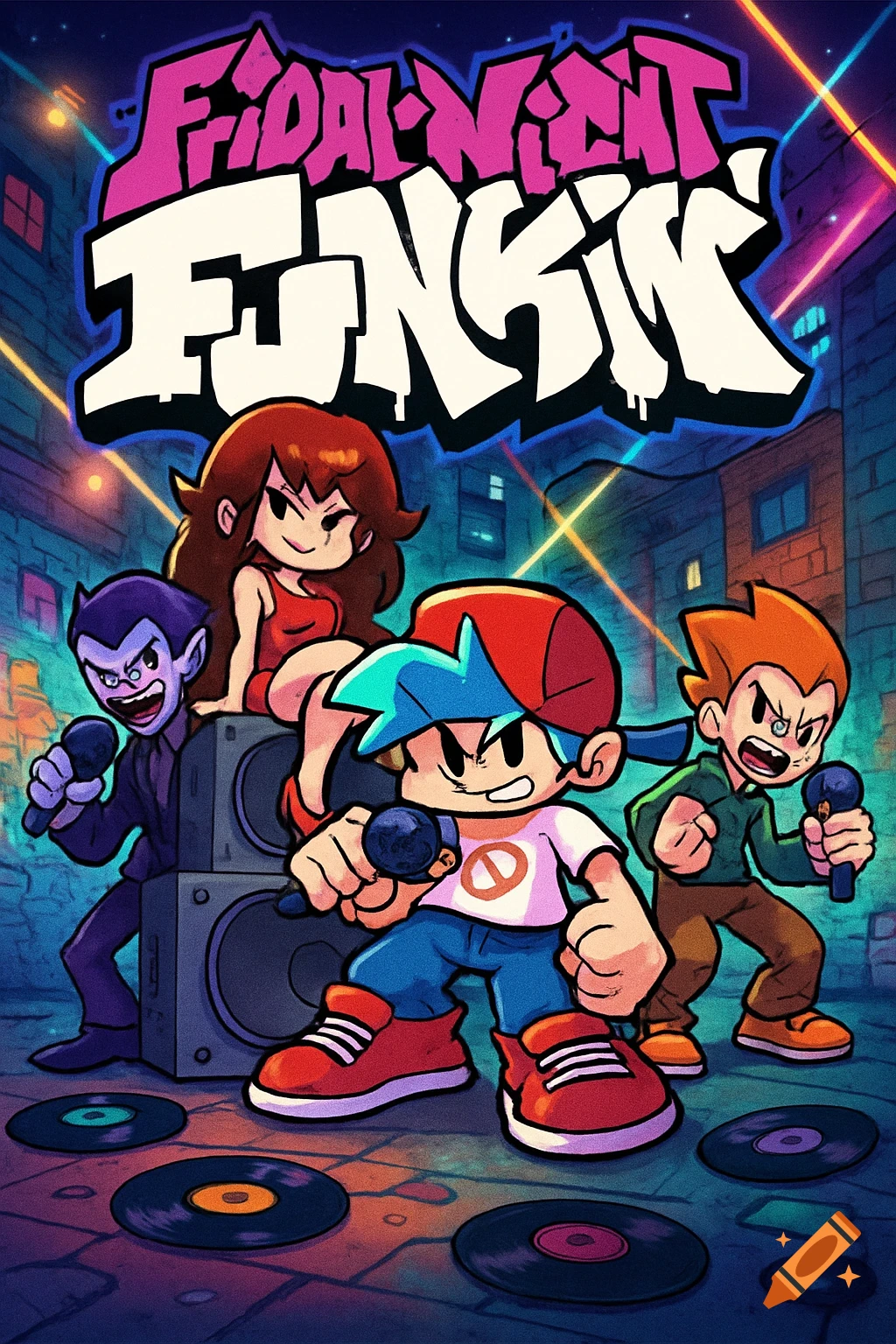 A vibrant cartoon movie poster for Friday Night Funkin' with four characters, including Boyfriend and Girlfriend, holding microphones against a neon city background.