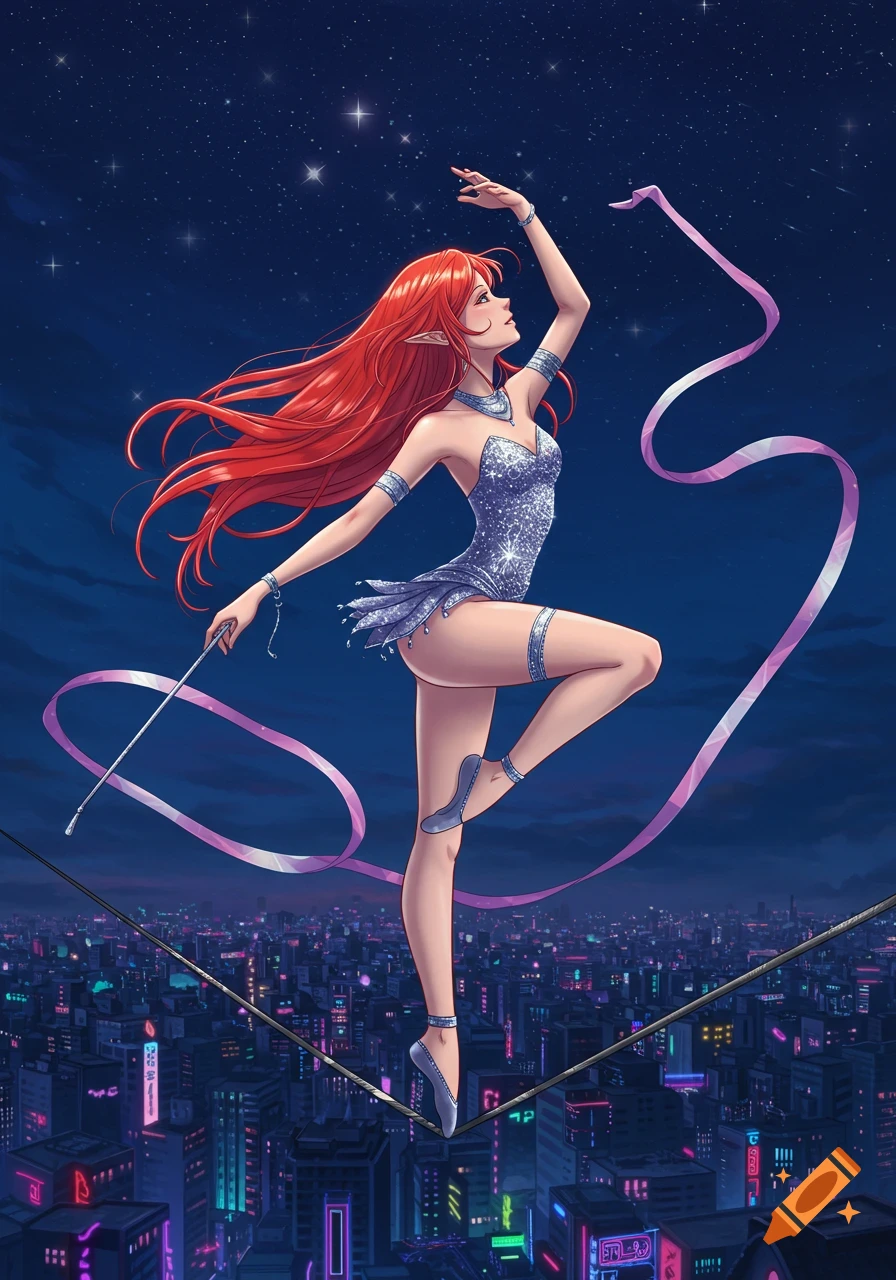 Red-haired elf-like woman in a sparkly silver outfit dances on a tightrope above a futuristic neon city at night, anime art style.