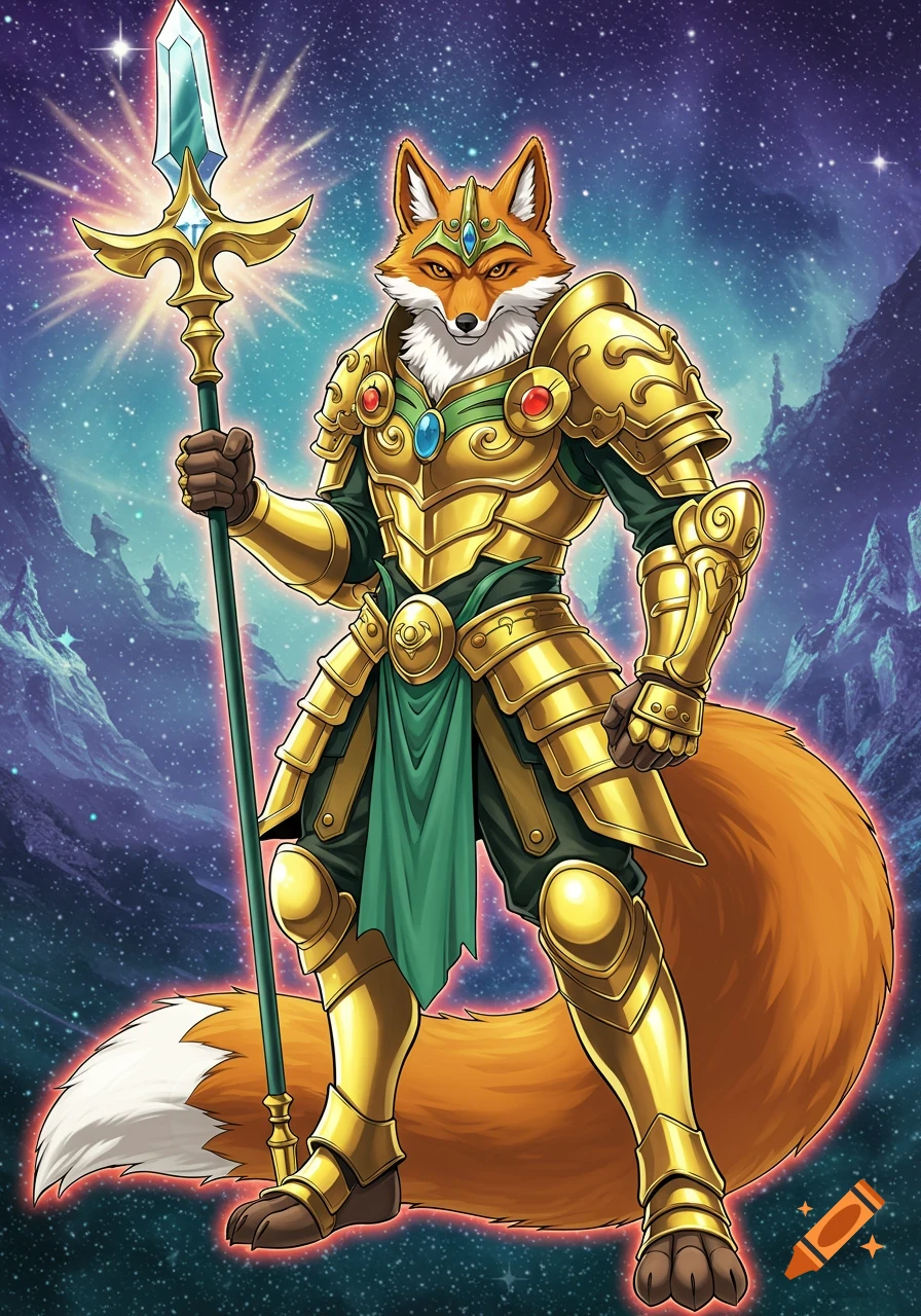 A fox warrior in gleaming golden armor holds a glowing spear against a starry night sky with stylized mountains, in an anime art style.