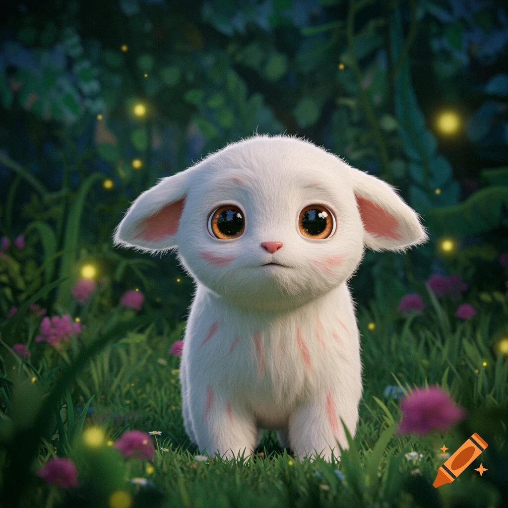 A fluffy white fantasy creature with large brown eyes and pink markings sits in a lush green forest with glowing lights.