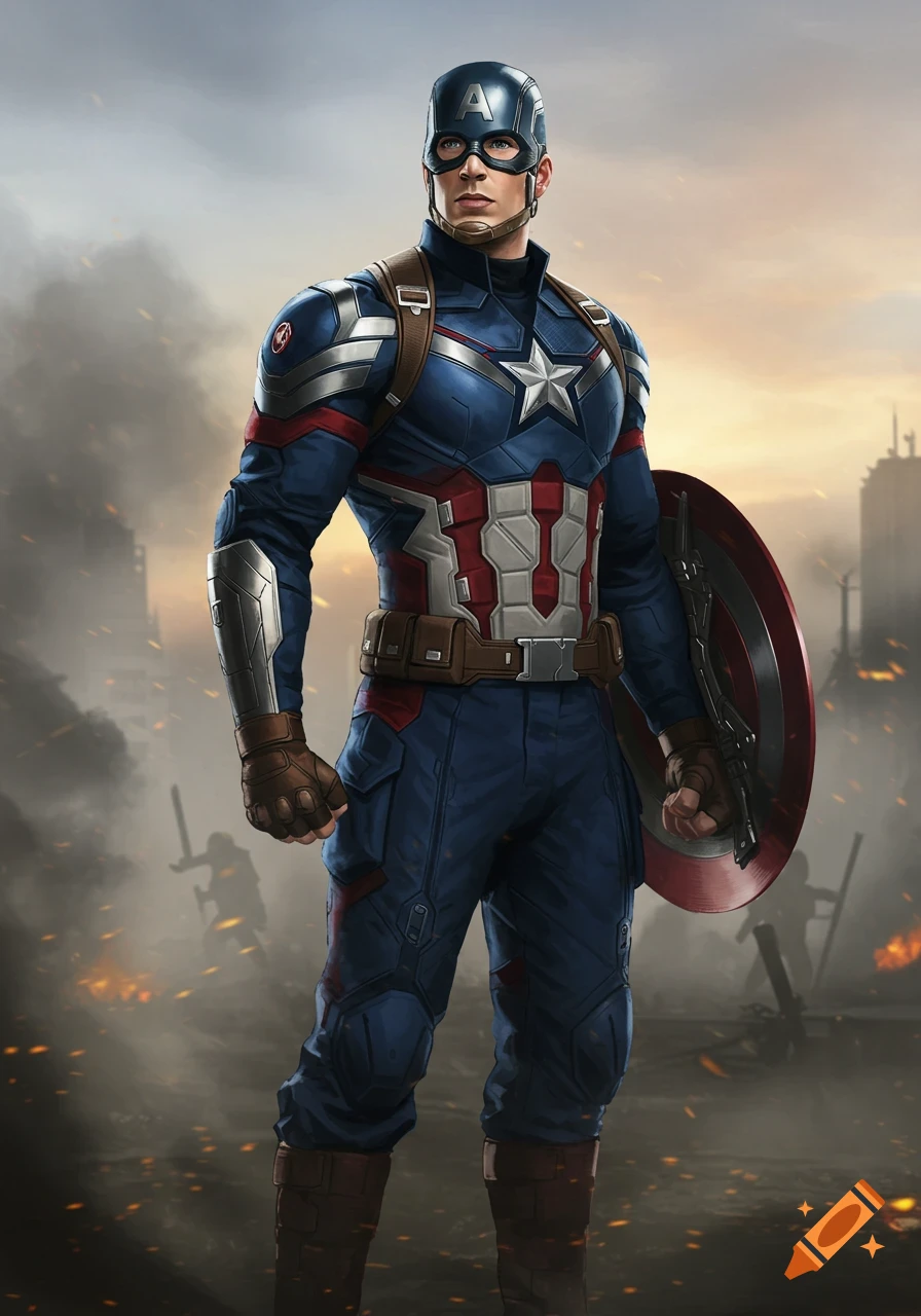 Captain America in his iconic blue, red, and silver suit with a star emblem, holding his shield, stands in a battle-torn urban landscape at sunset.