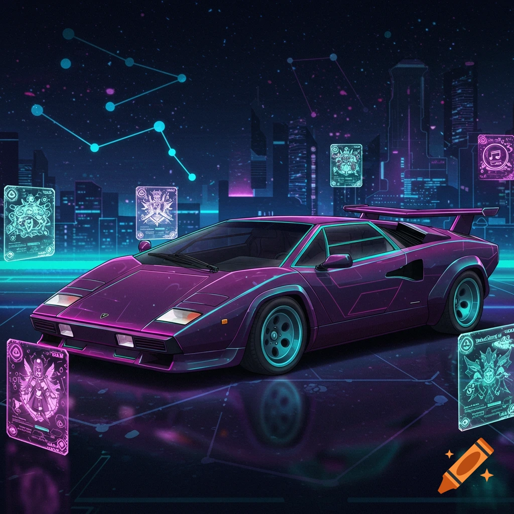 A purple Lamborghini Countach in a neon, cyberpunk city, surrounded by glowing trading cards.