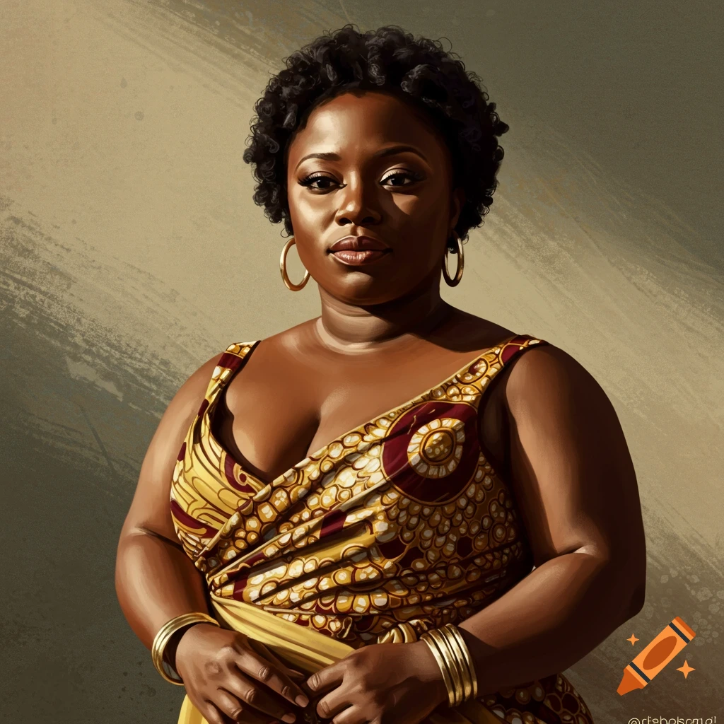 A beautiful Black woman with short curly hair, gold hoop earrings, and multiple gold bangles, wearing a vibrant patterned dress, looking directly at the viewer. Photorealistic painting style.