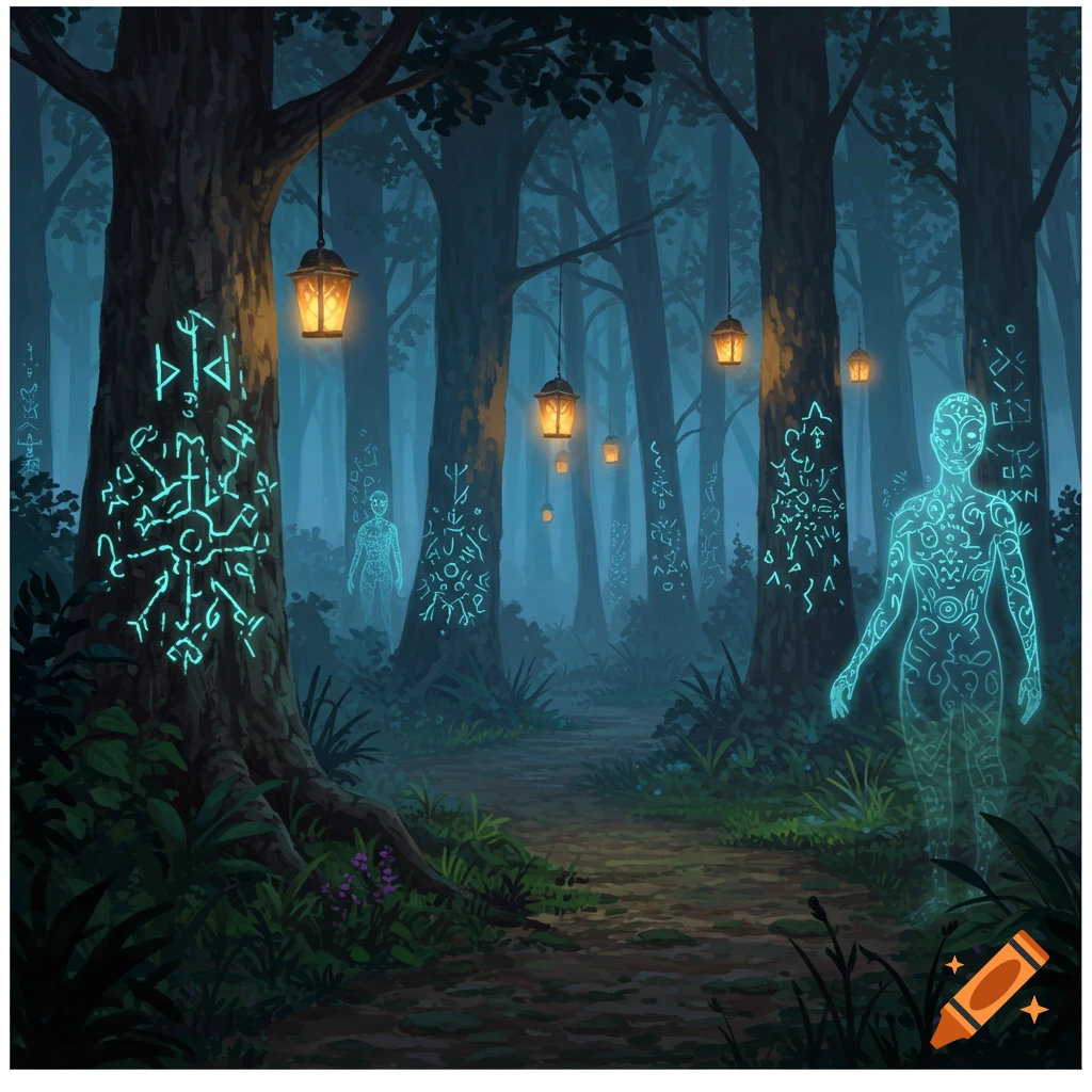 Mystical forest path with glowing runes on trees and ethereal figures, illuminated by hanging lanterns at twilight.
