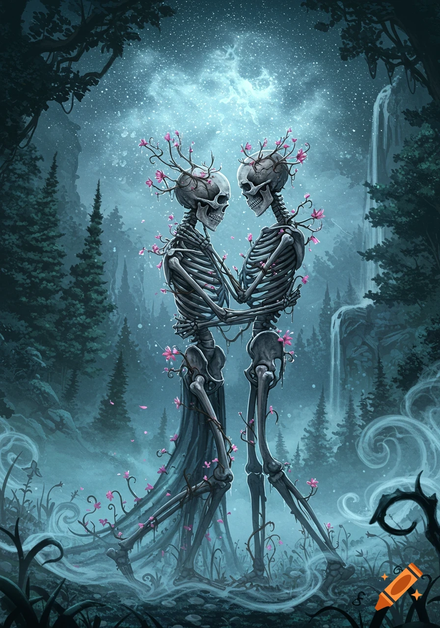 Two skeleton lovers adorned with pink blossoms embrace in a misty forest with waterfalls under a starry night sky, in an ethereal fantasy style.