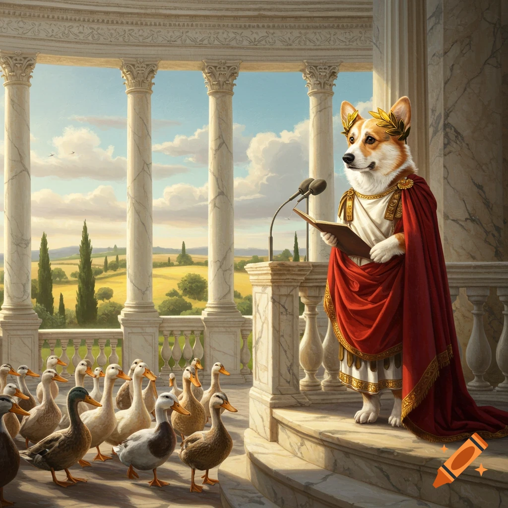 A corgi dressed as a Roman emperor stands on a balcony with columns, giving a speech to a crowd of ducks in a scenic landscape.